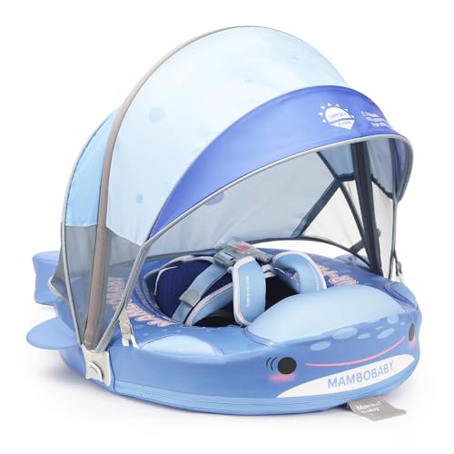 Mambobaby Baby Float With Canopy & Tail Non-Inflatable Baby Swim Float Upgrade Soft Infant Pool Float Sun Protection Newborn Pool Float 3-24 Months Skin-Friendly Material for Toddler Boys Girls(Shark)