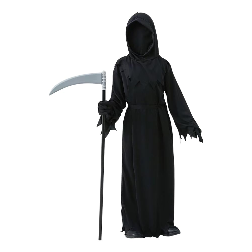 4 PCS Grim Reaper Costume Halloween Hooded Cloak Hoodies Robe Scythe Gloves Set Halloween Costume Fancy Dress Vampire Cloak Wizard Cape Long Cape Cosplay Costume Death Eater Ghost Costume for Adult