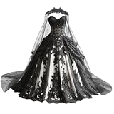 Mauuwy Sleeveless White Wedding Gown Gothic Tulle Vintage Bridal Gown for Women Lace Applique Beaded Tiered Bridal Dresses with Cape Size 26Plus