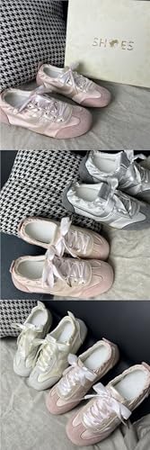 Sneakerina Ballerina Sneakers for Women Slip On Ballet Flats Lace-up Comfort Wear Tennis & Racquet Sport Shoes Breathable Lightweight Leather Cute Bow Back to School Gifts for Daughter Granddaughter4