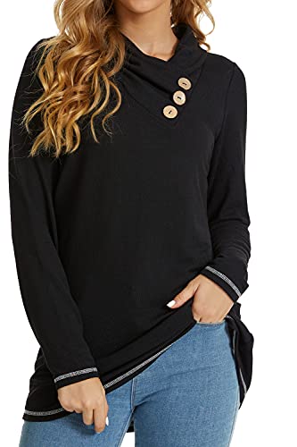 WEIYAN Women s Cowl Neck Tunic Long Sleeve Pullover Shirt Casual Sweatshirt Loose Tops with Buttons(Black,XX-Large)