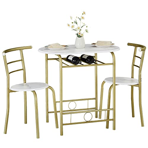 Image of VECELO 3-Piece Dining Table Set for Kitchen Breakfast Nook, Wood Grain Oval Tabletop and Metal Frame with Built-in Wine Rack, for Small Spaces, 31.5 inch, White & Gold