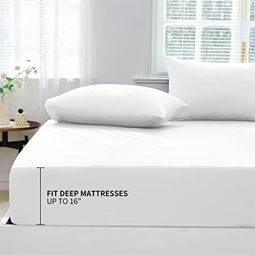 Hcora Bamboo Fitted Sheet King- 100% Viscose From Bamboo Fitted Bed Sheets With Pillowcase - 16 Inch Deep Pocket Cooling Fitted Sheet, Silky, Soft, Breathable (King, White) #TOP2