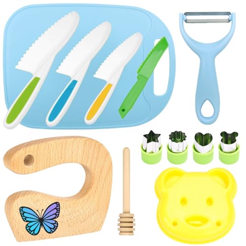 13 teiliges Kindermesser Set Kinder Sicherheit Küchenmesser mit Gemüse Ausstechformen, Holzmesser, Schneidebrett - für Kinder (13-teiliges Schmetterlingsset)