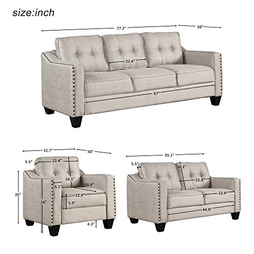 Erye LIVING ROOM FURNITURE SETS 3Pieses Mid-Century Modern Sofa Sets Linen Fabric Tufted Back Sofa&Couch Include 3 Seaters Couch, Loveseat And Armchair With Rivets Rivets For Home Apartment Office Living Room thumb #1
