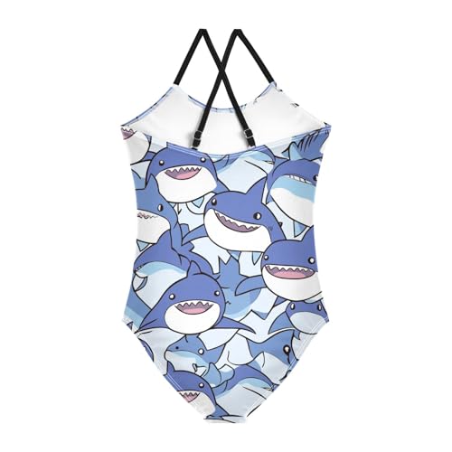 Cute Blue Shark Girls One Piece Swimsuits Cartoon Sport Halter Swimwear Beach Bathing Suit 3T2