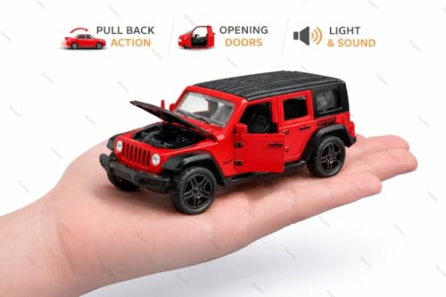 Image of 1:36 Scale Rubicon Car Model - Die-Cast Metal Pull Back SUV with Openable Doors, Lights & Music - Alloy Off-Road Toy Vehicle for Kids, Boys & Collectors (Red)