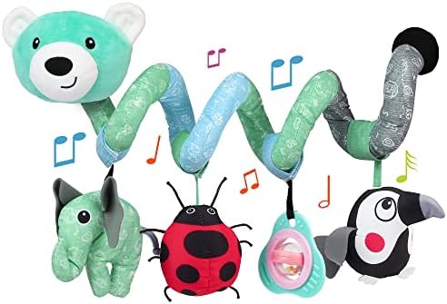LotFancy Carseat Toys for Infants 0-6 Months, Baby Spiral Hanging Stroller Toys for Crib Bar Bassinet, Newborn Car Seat Toys with Music BB Squeaker Rattles- Blue Bear