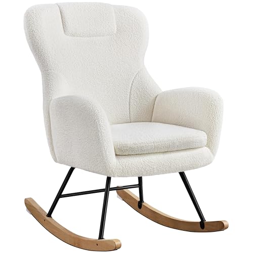 Yaheetech Rocking Chair for Adults, Boucle Nursing Chair with Metal Legs and Wood Base for Living Room, Bedroom and Balcony, Ivory