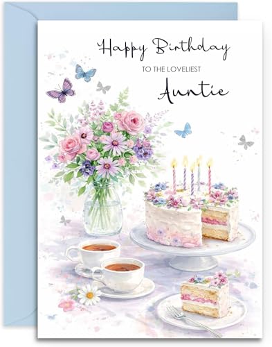 Auntie Tea & Cake Birthday Card - Pretty - Afternoon Tea - Birthday Card For Her - A5 Size Card with Blue Envelope