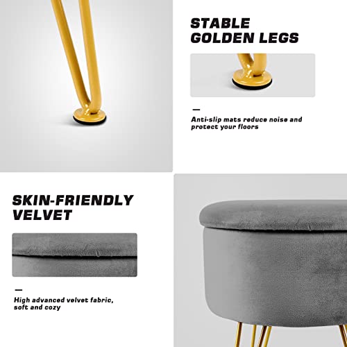 Dearyou Velvet Round Ottoman Footstool With Gold Metal Legs,Stool With Storage For Vanity,Coffee Table Top Cover,Velvet Dressing Table Seat For Living Room,Bedroom,Removable Seat Lid (Grey) #TOP1