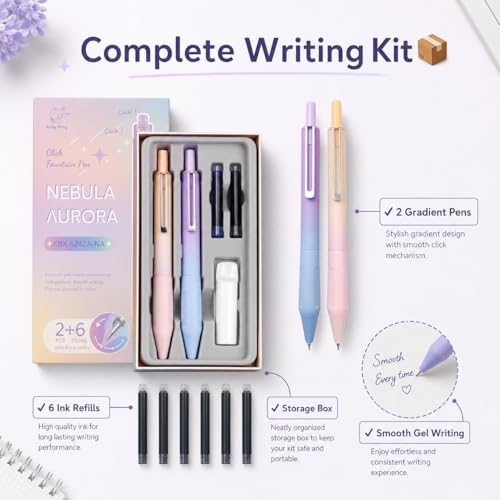 Image of KiddieWorld Gradient Fountain Pen Set with 6 Ink Refills & Storage Box | Cute Aesthetic Click Fountain Pens for Journaling, School, Office Writing Gift for Women & Students