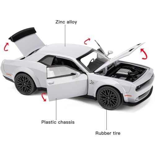 Image of Dodge Challenger Hellcat Toy Car 1:24 Scale Collection Diecast Metal Toy Model Car for Kids Light Sound Pull Back Openable Door