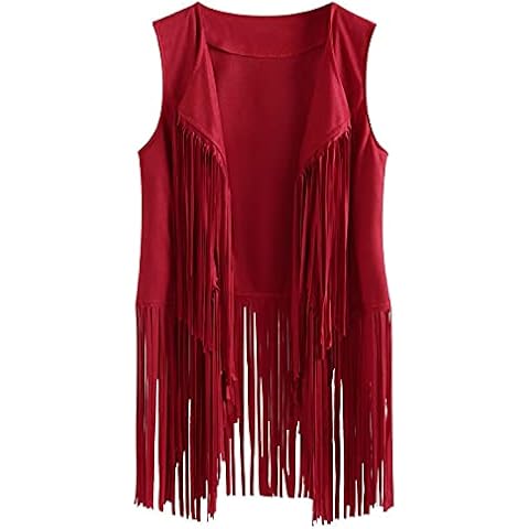 Damen Quaste Ärmellose Weste Offene Front 70er Jahre Hippie Faux Wildleder Fringe Jacke Cardigan Leichte Weste thumbnail