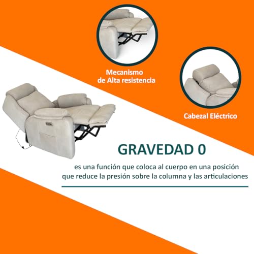 Genérico Sillon Relax Reclinable Electrico, Gravedad Cero | Desenfundable, Botonera Cromada con Puerto USB | Madera de Pino | Relax | Sillones Reclinables | Silla Sofa | Electrico Moderno | Beige - imagen 5