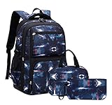 JiaYou Mochila de galáxia com estampa espacial para meninos, primária, ensino médio, mochila masculina para laptop, Azul escuro, 3Pcs Backpack Set, Mochila com duas alças