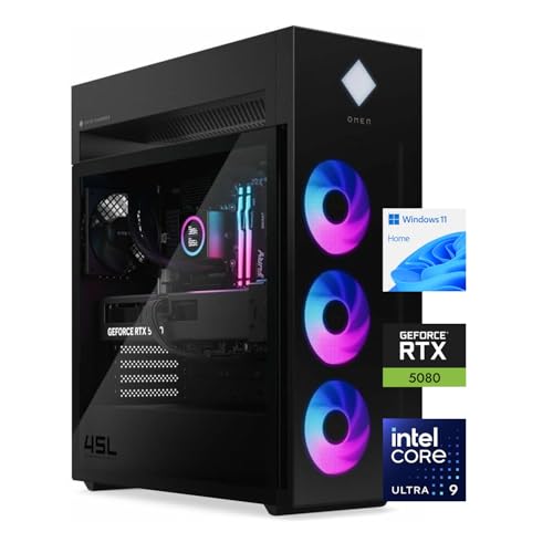Image of PCONLINE HP Omen 45L RTX 5080 Gaming Desktop, Intel Ultra 9 285K, 32GB DDR5 RAM, 2TB SSD, RGB Light Studio, DP, RJ-45, Black, Windows 11 Home