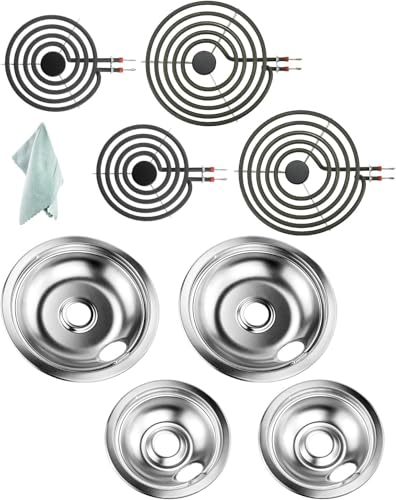 4 Pack Chrome Drip Pans & MP22YA Electric Stoves Burner Elements by Fetechmate Fit for F-rigidaire Ken-more Electric Stove Best Value Combo Sets with 25% Thicker Heating Wire for More Stable