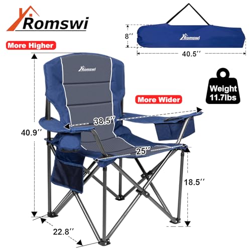 Image of Romswi Oversized Camping Chairs,Heavy Duty Support 500 LBS,Padded Back & Arm Sport Chairs, Cup Holder Cooler Bag, Collapsible Folding Chairs for Outdoor, Fishing & Garden, Blue,2-Pack