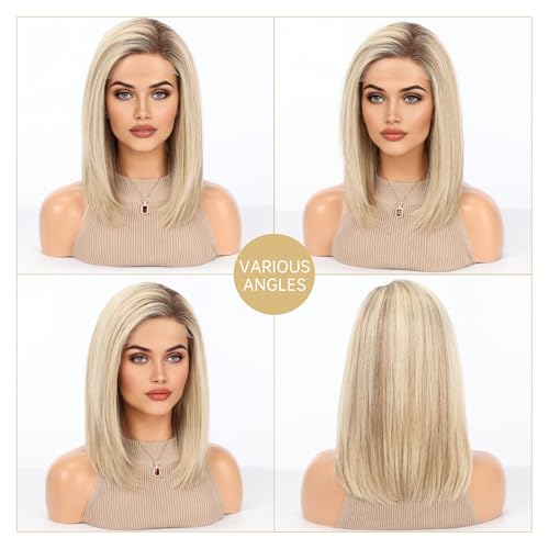 Image of KKU 100% Human Hair Lace Front Wig for Women- Pre-Plucked Natural Hairline, Side Part Wig, 14 Inch, Soft & Natural Hair for Daily Use(Ombre Blonde Mixed Brown)