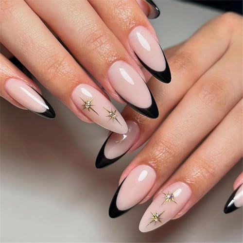 24 Pcs Black French Tip Press On Nails with Star Design | Long Stiletto Artificial Fake Nails | Nude Base with Rhinestone Embellishments | Reusable False Nail Kit for Women & Girls