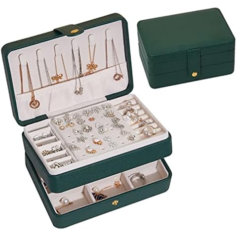 Douzi Jewellery Box Organiser Small Travel Jewelry Storage Case for Rings Earrings Necklace Bracelets Waterproof Faux Leather Jewellery Gift Box for Girls Women-Green Cover