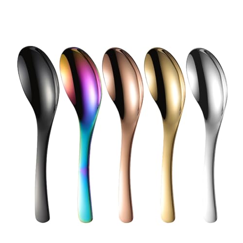 Metal Soup Spoons, Stainless Steel Spoons for Soup Round Colorful Dinner Spoons Thick Short Handle Table Spoon, Tablespoon Dessert Spoon Serving Spoon Dining Spoon Cafe Spoon, Set of 5 (Large)
