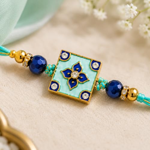 Image of JAIPUR ACE Elegant Blue BRO Designer Rakhi Gift Set with Greeting Card and Roli Chawal Pouch, Premium Brother Rakhi Bracelet, Festive Raksha Bandhan Gift for Brother, Traditional