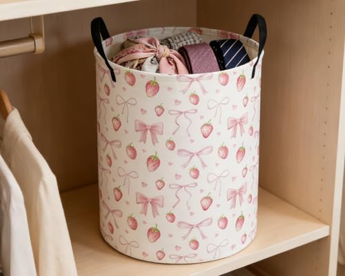 Image of ESSME Kids Laundry Basket,Strawberry Hamper Collapsible Canvas Waterproof Storage Bin for Girls, Cute Hamper,Gift Baskets(Strawberry)