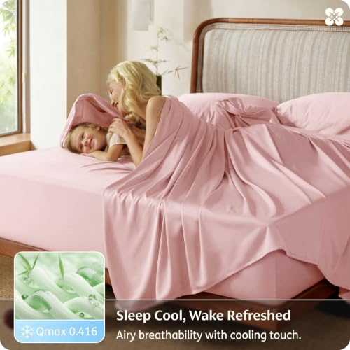 Image of Bedsure 100% Organically Grown Bamboo Viscose King Size Sheets Set | Cooling Bedsheets for Hot Sleepers | Luxury Silky Soft PureWoven | 18 inch Deep Pocket with Corner Straps | Oeko-Tex Certified [Pink]