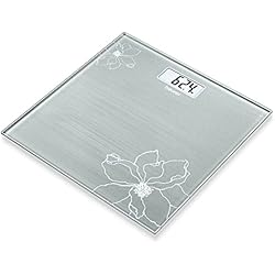 Basculas De Baño Originales Beurer GS 10 - Báscula de baño de vidrio, báscula extra plana de 1.9 cm, pantalla digital LCD con grandes dígitos (2.6 cm), color grisáceo con detalle de flor con efecto purpurina