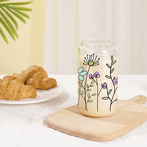 Coolife Teacher Floral Cup, 16 Oz Iced Coffee Cup, Can Shaped Drinking Glass W/Bamboo Lid Straw - Birthday, Teacher Appreciation Gifts For Women, Her - Aesthetic Glass Tumbler Cup For Coffee Smoothie #TOP5