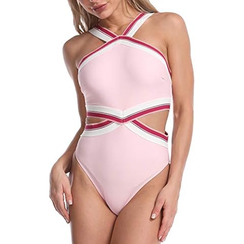 PHIBEE Woman's High Waisted One Piece Swimsuit Cutout Print Monokini Bathing Suit - pink - Small Cover