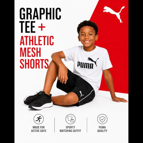 Image of PUMA Boys Short Set - 2 Piece Short Sleeve Crewneck Performance Graphic Tees and Athletic Mesh Shorts for Boys (Sizes: 4-16)