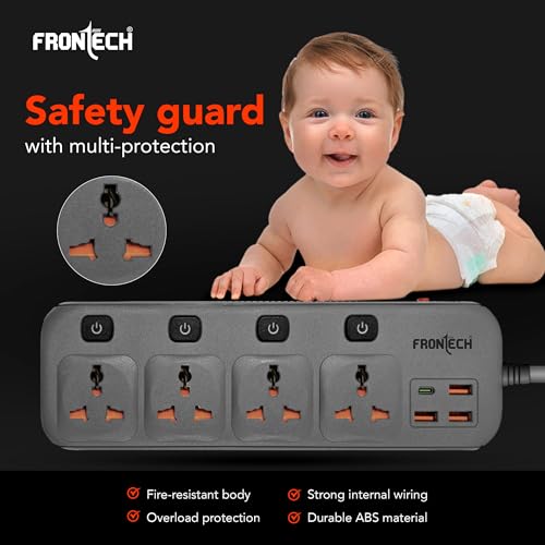Image of FRONTECH Power Extension Socket | 2500W Heavy Duty Extension Board with 4 Universal Sockets, 3 USB-A + 1 USB-C Ports, Individual Switches, 3 Meter Copper Cable | 1 Year Warranty (FT-3566)