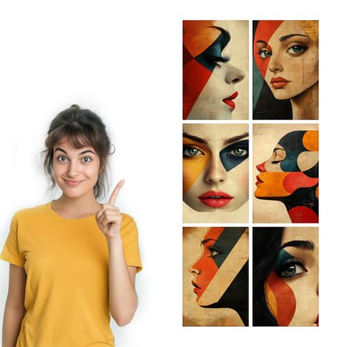 Image of SiddArtify Modern Abstract Woman Wall Art Prints Set - Geometric Face Poster Decor for Living Room Bedroom Office - 12x18 inch Sticker Pack of 6