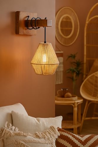 Image of AKWAY Rattan wall Lamps for Living Room | Bamboo wall Lights for Bedroom | Cane wall scones for Home Decoration (Bulb Not Included) (Raffia Bell Shaped)