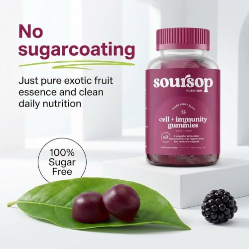 Image of Soursop Graviola Gummies - Sugar Free Soursop Gummies with Vitamin C, Zinc - Digestive Aid, Immune Support & Antioxidants - Made from Soursop Leaves - Sour SOP Supplement for Adults - (Berry 6-Pack)