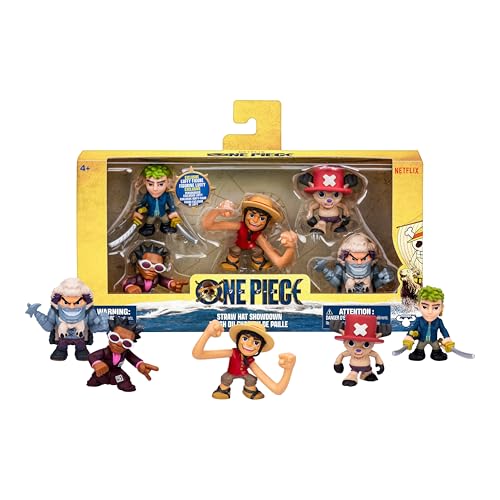 Pack de 5 minifiguras de los Sombreros de Paja de One Piece; edición Netflix acción real; entre 5 y 6,35 cm; incluye 5 personajes para jugar, exponer y coleccionar, Luffy, Zoro, Chopper, Mr. 5 y Wapol
