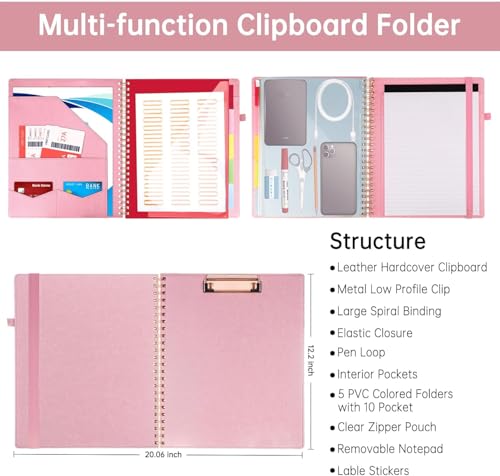 Image of HAUTOCO Leather Clipboard Folio, Spiral Organizer with Notepad & Storage