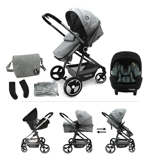 Nania GIULIA - Cochecito combinado 3 en 1, 0-36 meses, plegable y reclinable + Silla de auto BEONE i-Size 40-85 cm - Grupo 0+ (0-13 Kg) - Respaldo de carretera + Bolso cambiador y burbuja de lluvia