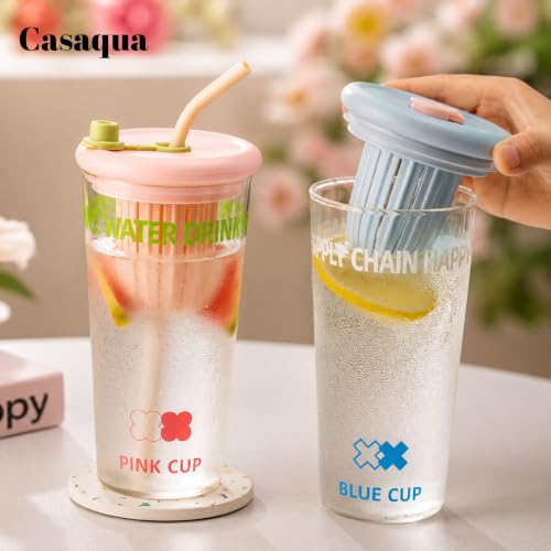 Image of Glass Tumbler with Straw & Silicone Lid - 450ml, Set of 1, Reusable Drinking Cup with Built-in Fruit Infuser, Leakproof Water Cup for Juice, Milk & Smoothies, Clear Glass Travel Mug