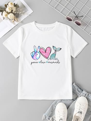 Girl's Peace Love and Mermaids Print T-Shirt Short Sleeve Crew Neck Summer Tee2