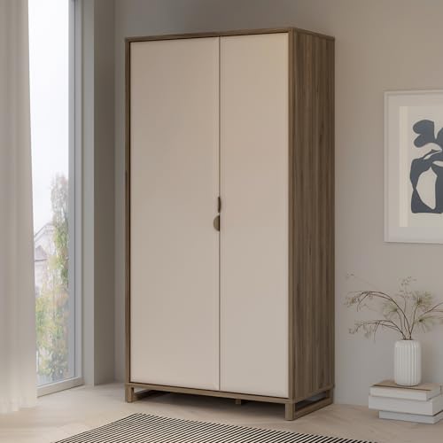 Forte MAREDA Kleiderschrank 100, moderner Schrank mit 2 Türen und Einlegeböden, Kaschmir/Beige, Eiche Dekor/Sand, 99,5 cm breit, 195,7 cm hoch, 52,7 cm tief