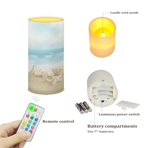 Image of Flameless LED Candles Battery Operated Candles with Remote Control Timer Flickering Effect Pillar Candle Coastal Beach Theme Home Bathroom Indoor Decoration, Beach Starfish Conch