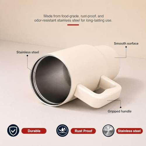 Image of MYOZ 1200ML Stainless Steel Water Mug with Handle, Lid, 2 Straws Leak-Proof Cupholder Tumbler for Gym, Travelling- Spill-Proof 40 oz Bottle (Oatmeal)