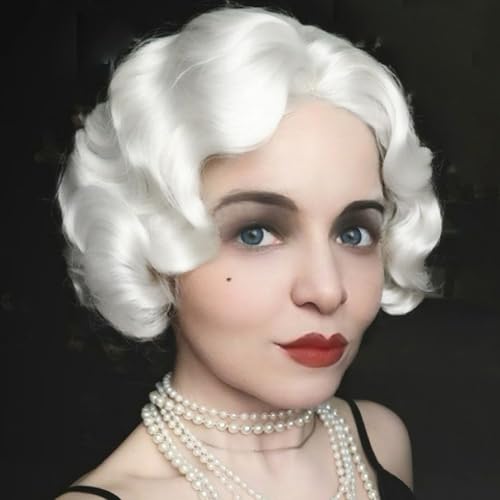 Siudus White 1920s Lace Front Wig Finger Wave Wigs for Women Short Curly Vintage Lady Hair Wig for Halloween Cosplay Costume Party Use