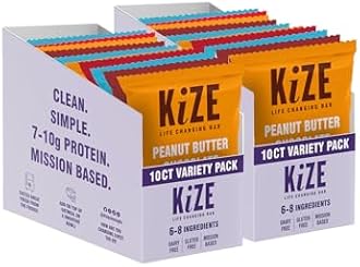 KiZE Energy Bars - Best Sellers Variety Pack - 20-Count -Gluten Free, Dairy Free Options, Non-GMO, and High Protein Meal Replacement Energy Bars, Clean and Simple Food Ingredients - 7-10g High Protein Snacks (20 Count)