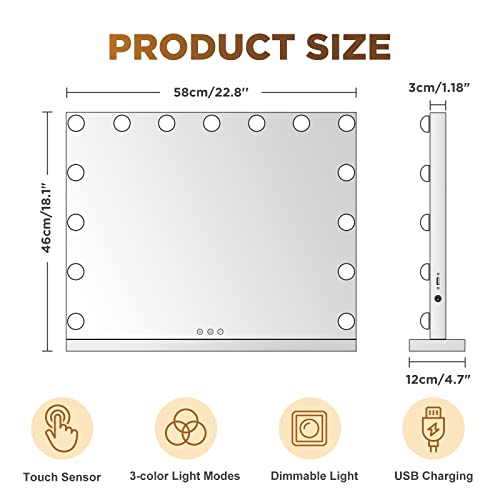 Hollywood Vanity Mirror With Lights, 15 Bulbs 23 X18 Inch Makeup Mirror With Lights With Usb Charging And 10X Magnification, Touchscreen 3 Lighting Modes Lighted Vanity Mirror #TOP5
