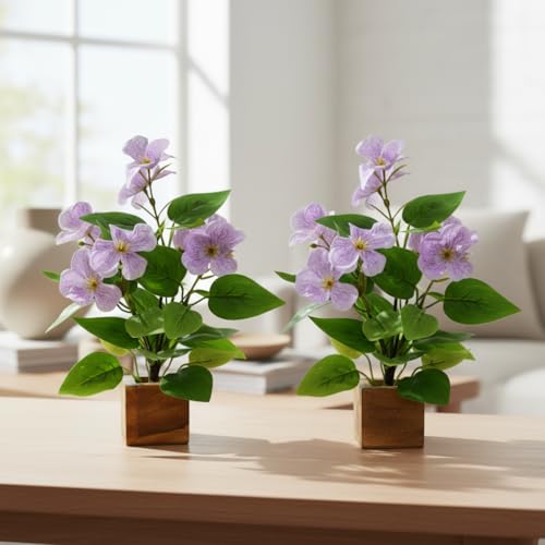 Image of fancymart Artificial Flower Plant Set of 2 with Wooden Pot - 23 cm Height | Real-Touch Faux Floral Decor for Home, Office, Living Room, Bedroom, Desk & Gift Purpose